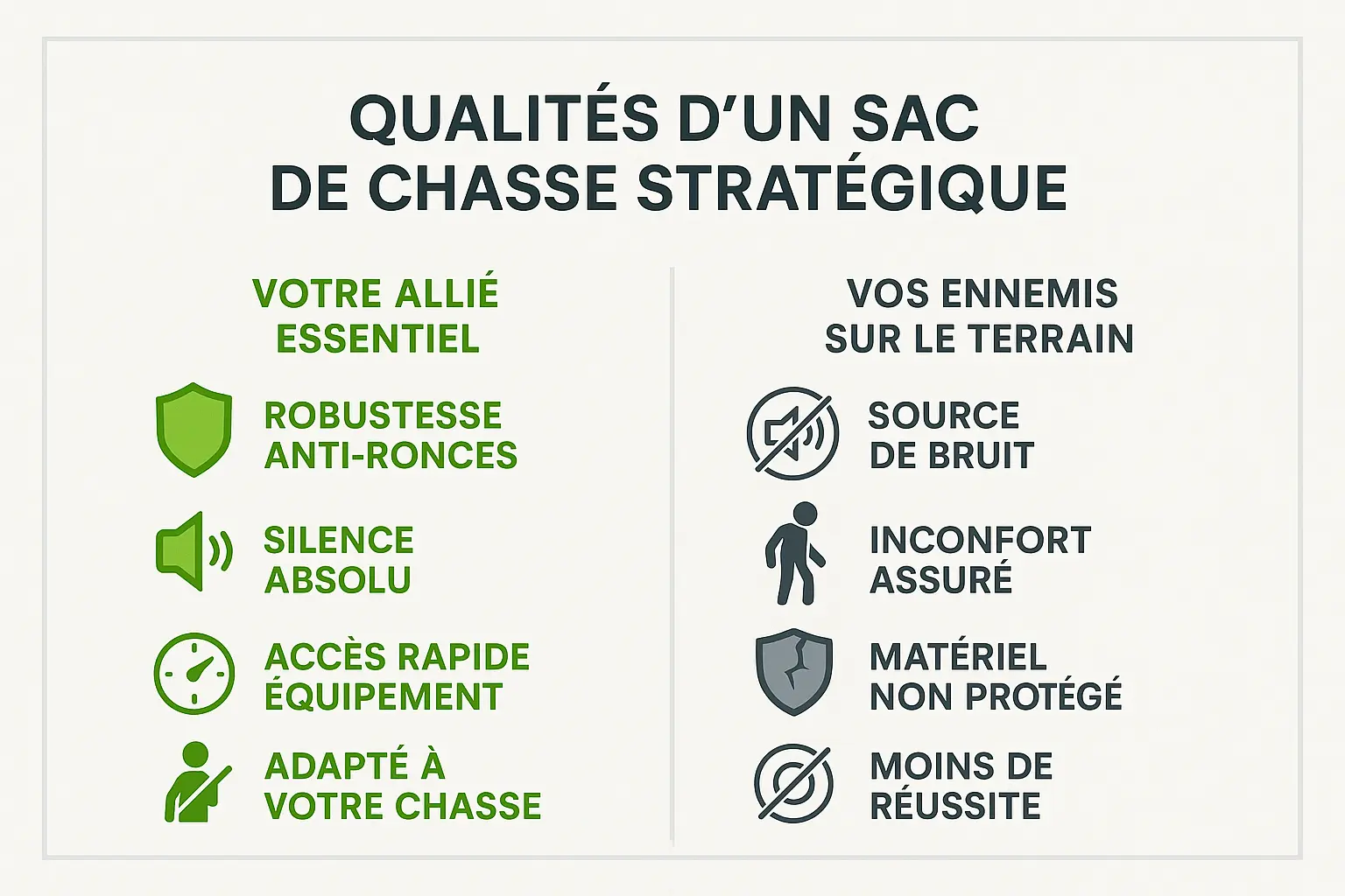 <strong>Comparaison des qualités et inconvénients</strong> des sacs de chasse Duck Hunter »></p>
<ul>
<li><strong>Avantages : Matériaux durables</strong> (nylon Cordura), compartiments spécialisés, silence absolu, systèmes anti-odeurs.</li>
<li>Inconvénients : Pour les novices, <strong>l’ergonomie nécessite un temps d’adaptation.</strong></li>
</ul>
<p>Les modèles Duck Hunter répondent aux attentes avec des détails comme les sangles de compression ou les poches latérales pour les bâtons de marche. En conditions extrêmes, ces caractéristiques sauvent la journée. Alors, avant de partir, posez-vous la question : votre sac est-il vraiment <strong>à la hauteur de vos ambitions sur le terrain</strong> ?</p>
<p><img decoding=