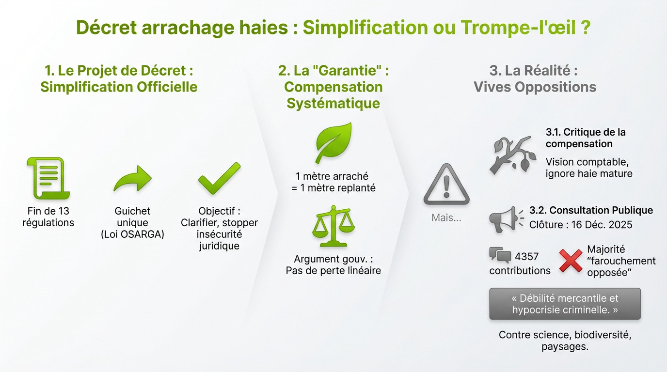 Haie bocagère mature menacée par le projet de décret de simplification administrative