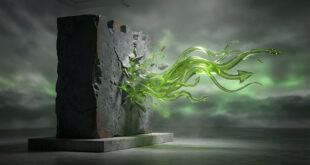 Photo-realistic image of vibrant green, flowing arrows breaking through a dark grey, solid block, symbolizing environmental change overcoming traditional interests.