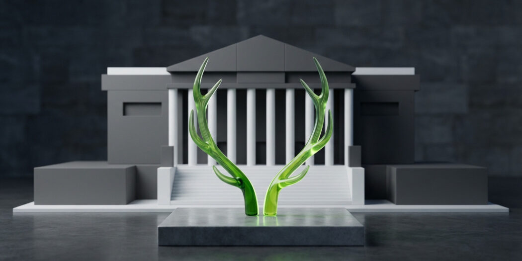 Photorealistic image of vibrant green antlers on a pedestal before a minimalist gray French National Assembly building, symbolizing nature and regulation.